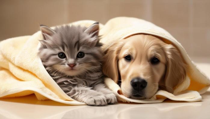 Chaton et chiot enveloppes dans une serviette de toilette en eponge confortable